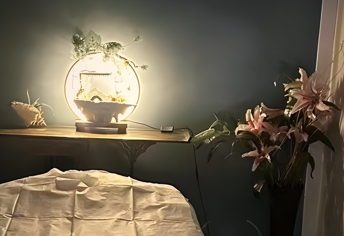 Soft lamp light and lilies beside the massage table